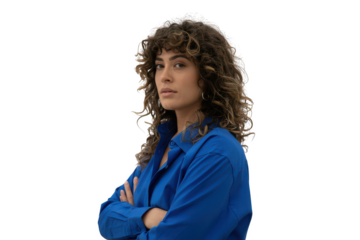 Woman in blue shirt with arms crossed, isolated on transparent background