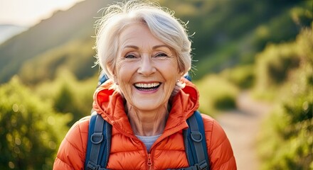 Happy Elderly Woman Enjoys Outdoor Adventure Hiking Through Scenic Mountain Trails