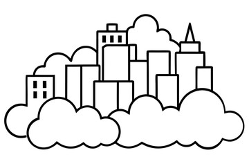 Stylized city skyline with clouds silhouette isolated on white background