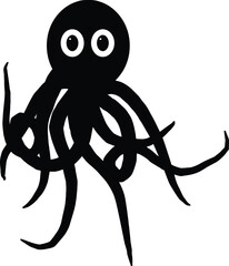 Simple black silhouette of a cartoon octopus with big white eyes and wavy tentacles
