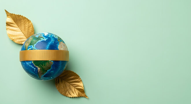 World Earth Day Concept. Plant a Tree on the Planet, ESG, Renewable and Sustainable Resources. Environmental Care Concept. Green Ribbon and Leaf Embracing a Globe
