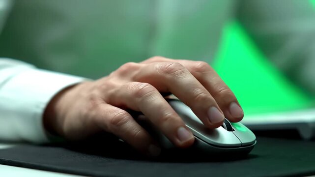 Green Screen office guy using chromakey computer closeup worker hand holding mouse device scene 2 with distortion, overlay, glitch, static noise, scan lines on black background, 4k animated video loop