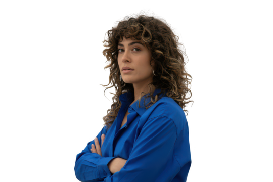 Woman in blue shirt with arms crossed, isolated on transparent background - Powered by Adobe