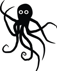 Whimsical black silhouette of a cartoon octopus with big white eyes and curly tentacles