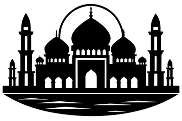 Islamic mosque architecture silhouette with domes and minarets isolated on white background