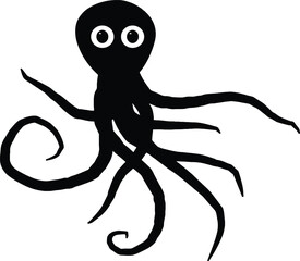 Cute black silhouette of a cartoon octopus with big white eyes and curly tentacles