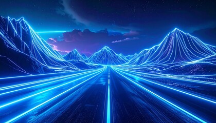 A neon-lit highway extends into a mountain range under a star-filled sky. The landscape features glowing blue outlines