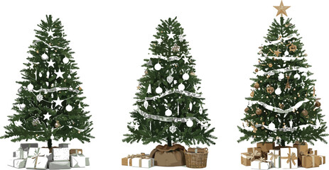 Three decorated Christmas trees with presents on white background gifts ornaments