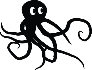 Whimsical black silhouette of a cute cartoon octopus with big eyes and wavy tentacles