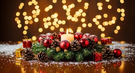 Adorned festive centerpiece with glowing candle amidst winter bokeh lights