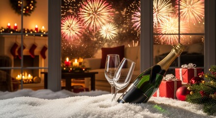 Festive holiday celebrations with champagne, fireworks, gifts, and fireplace