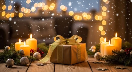 Festive holiday scene with candles, a gift, and gentle snowfall indoors