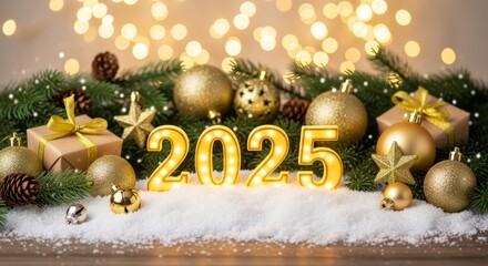 Festive 2025 celebration with golden ornaments symbolizing new year joy