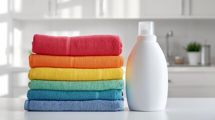 Stack of colorful folded towels with laundry detergent bottle, bright clean laundry room, top selling stock style.