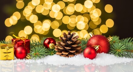 Festive season decoration with bokeh lights and pinecone on snow surface