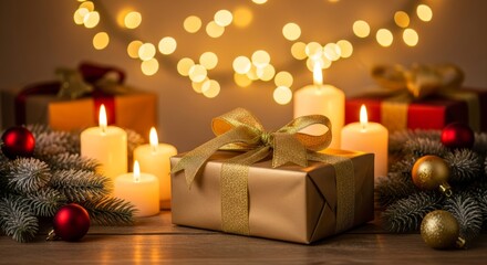 A captivating display of luminous candles, golden gifts, and festive