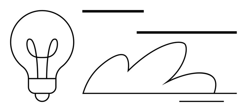 Light bulb and cloud in simple line art style convey imagination, brainstorming, and innovation. Ideal for business, technology, creativity, environment, education solutions and inspiration. Simple