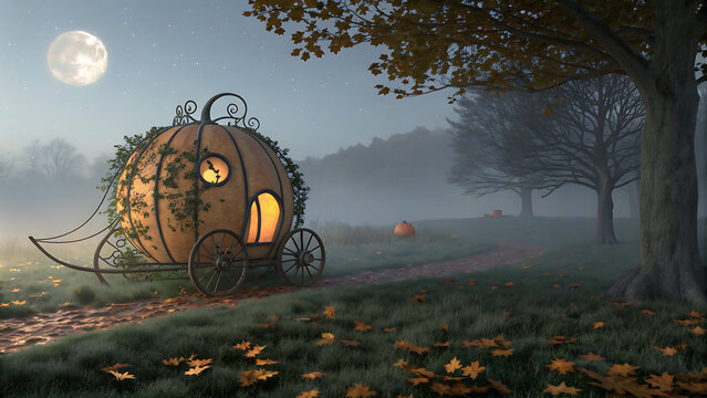 Enchanting pumpkin carriage illuminated by warm light sits in a misty forest clearing under a full moon evoking a fairytale atmosphere - Powered by Adobe