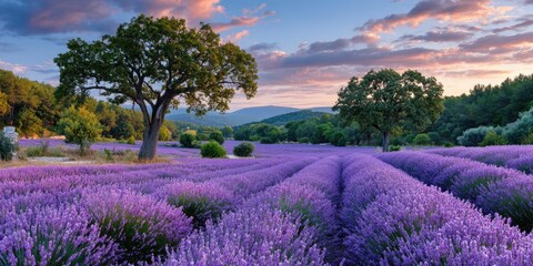 a beautiful lavender field at sunset, with rows of purple flowers stretching as far as the eye can see. the sky is painted in shades of pink and orange, creating an enchanting backdrop for the scene
