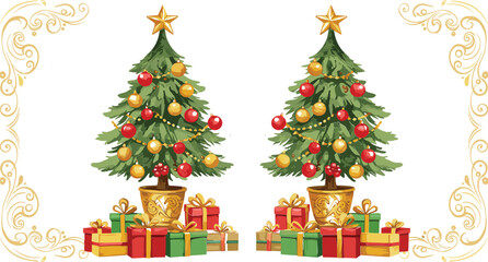 Two decorated Christmas trees with presents and gold ornate borders gifts ornaments