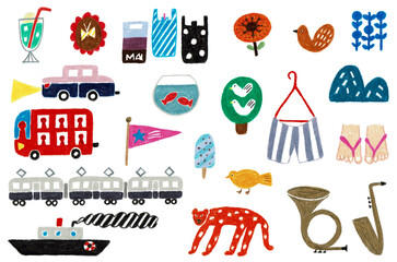 手描きイラスト　カラフルで可愛い雑貨や動物や植物のイラスト