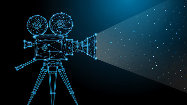 Polygonal Wireframe Movie Camera Projecting Light Beams film cinema