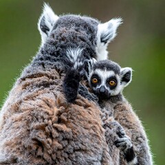 Obraz premium A ring-tailed primate carries its infant on its back, a tender embrace amidst blurred foliage. The tiny one stares directly ahead