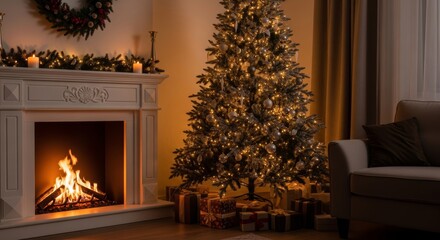 Cozy living room adorned for the festive season with a lit fireplace during