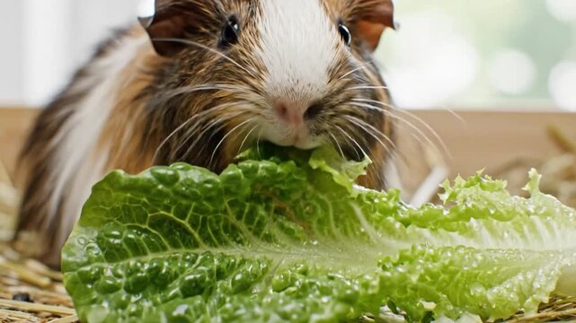 Adorable Tri-Color Guinea Pig Feasting on Fresh Green Lettuce in a Bright Indoor Setting, Close-up Pet Portrait