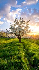 Blossoming tree in a sunny field during springtime, with a vibrant sunset
