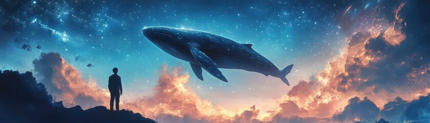 Fototapeta premium A surreal scene of a giant whale in a cosmic landscape.