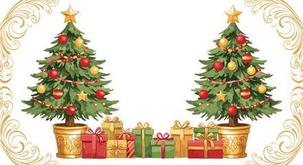 Two decorated Christmas trees with presents and gold ornate borders gifts