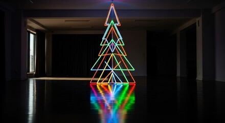 Vibrant Geometric Light Tree Sculpture Illuminating Dark Room Interior