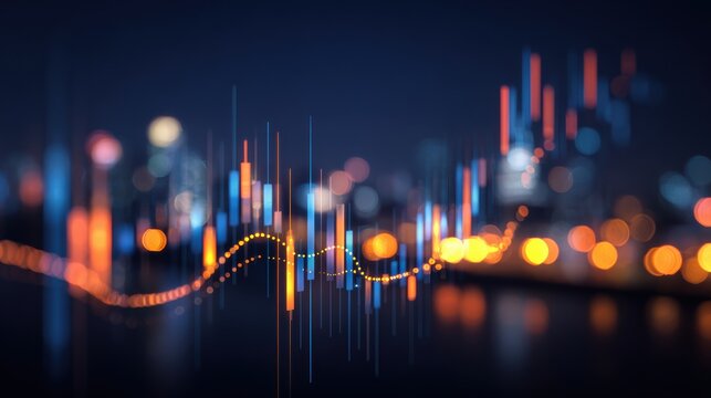 A vibrant digital skyline featuring data visualization with bright lights and trends representing modern technology.