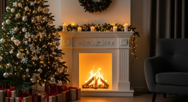A festive ambiance with a glowing fireplace and decorated Christmas tree