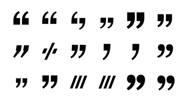 A collection of various black quotation marks and symbols on a white background