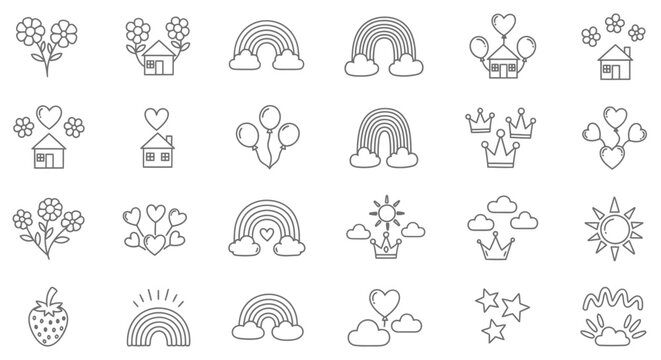 Charming black and white line drawings of whimsical icons and nature elements