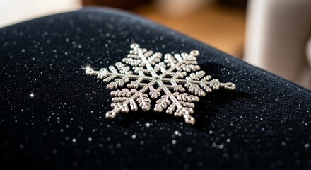 Sparkling Silver Snowflake Ornament on a Glistening Dark Surface Display