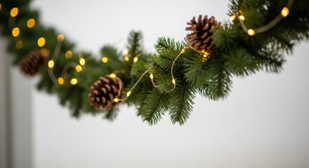 Rustic Garland Adorned with Twinkling Lights and Natural Pinecones