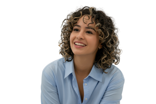 Young woman with curly hair isolated on transparent background