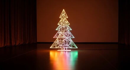 Vibrant glowing geometric spruce radiating colorful light onto a dark stage