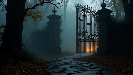 Mysterious ornate wrought iron gate shrouded in fog leading to a dimly lit path in a spooky forest at twilight with ancient stone pillars and fallen leaves on the ground