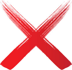 Bold red cross mark painted with a brush on a white background