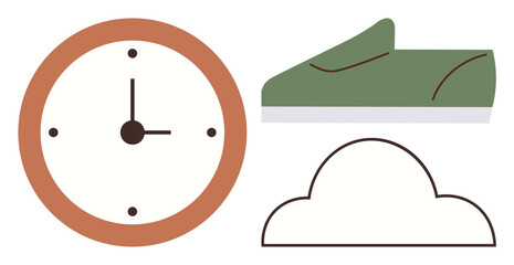 Analog clock, green sneaker, and cloud outline represent time, activity, and creativity. Ideal for productivity, sports, balance, goals time management imagination minimal flat metaphor