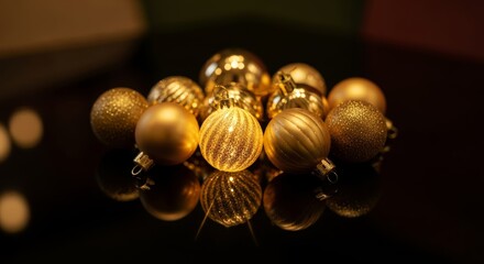 Radiant golden ornaments reflecting light on a dark surface, festive decorations