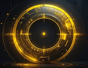 Futuristic, glowing golden circular technology, layered on dark surface