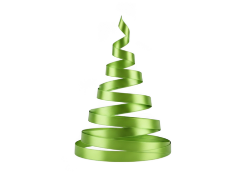 A green ribbon twisted into the shape of a christmas tree, isolated on transparent background