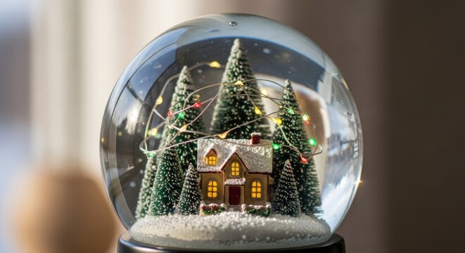 Enchanting snow globe featuring a cozy winter house nestled among illuminated - Powered by Adobe