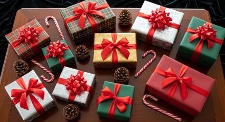 A festive display of holiday presents with candy canes and pinecones assembled