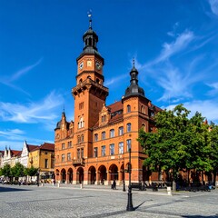 Obraz premium A tall, brick-built building with clock tower and multiple stories, located in a plaza under a blue sky, with trees in front